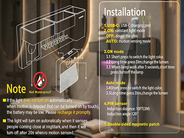 Bathroom toothbrush holder the light can be removed anytime, supports USB fast charging