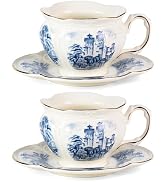 KAMMAK Tea Cups and Saucers Set of 2, Porcelain Coffee Cups, 8-Ounce Stackable Espresso Mugs, Cer...