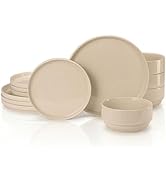 Vase and Vessel Ceramic Dinnerware Set, 12-Piece Service for 4, Soup Bowls (25 oz), Salad Plates ...