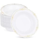 Bestluck 50 Pack White Plastic Bowls with Gold Rim, 12oz Disposable Soup Bowl, Heavy Duty Dinner ...