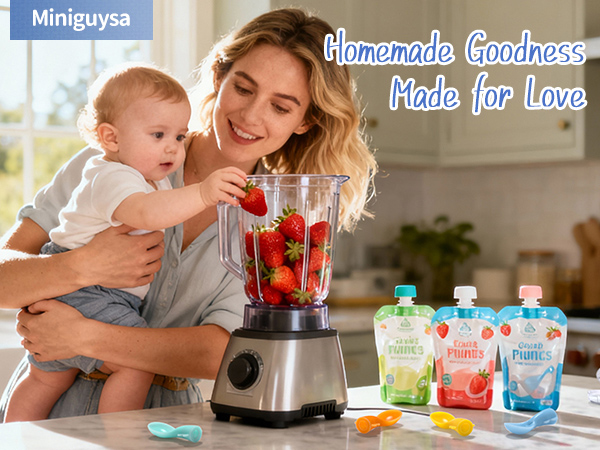 A loving moment as mother and baby craft fresh puree with Miniguysa feeding essentials nearby.