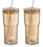 Joeyan 22 oz Amber Glass Tumbler with Straw and Lid for Iced Tea Coffee Smoothie Water Juice Beve...