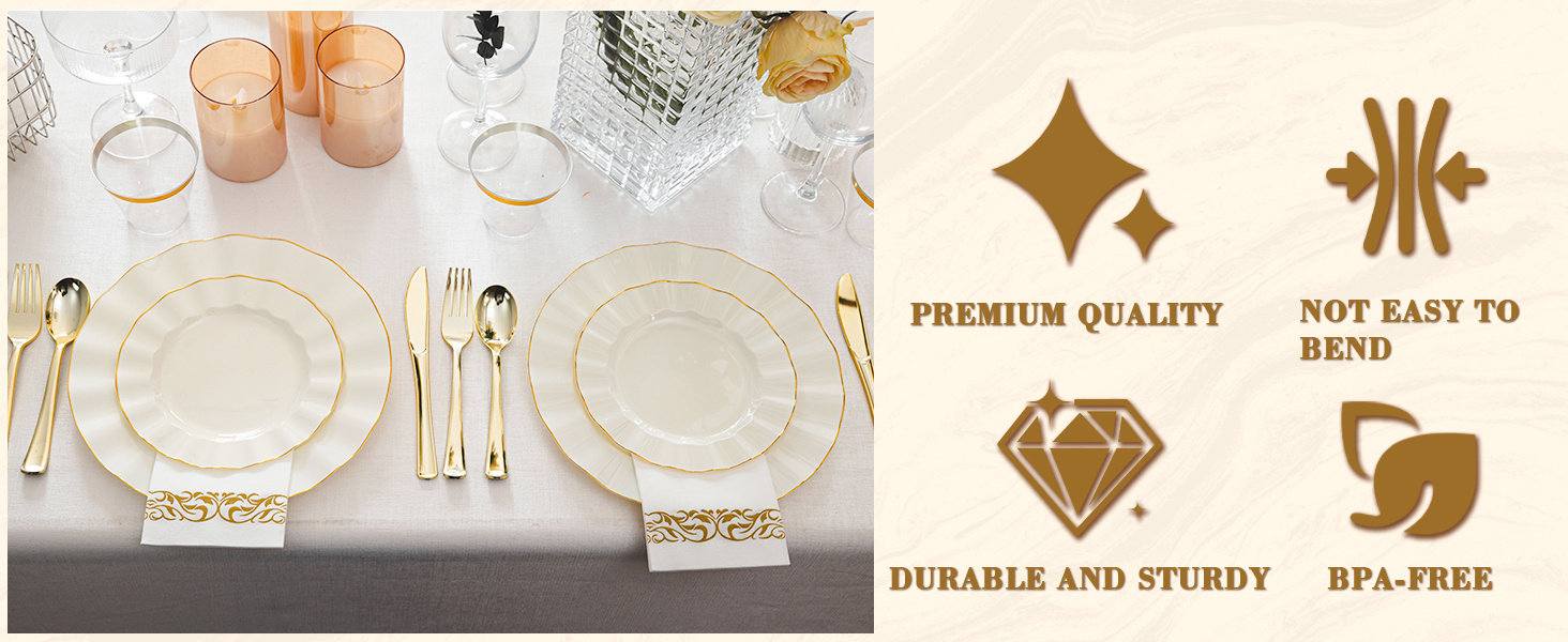 Gold and Ivory Plastic Dinnerware Set