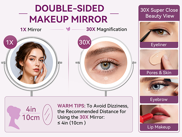 1X/30X double-sided miror for makeup, eyebrow tweezing & shaving