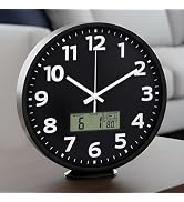 zyzamay 12 Inch Modern Black Indoor/Outdoor Wall Clock with LCD Display Thermometer & Week & Date...