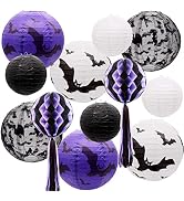 UNIQOOO 12pcs Spooky Halloween Decor Black White Purple Hanging Paper Lanterns Set with Decorativ...
