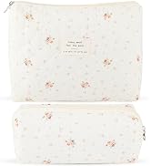 2Pcs Quilted Cotton Makeup Bag Large Travel Makeup Pouch Small Brush Holder Set for Women Floral ...