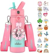 Mininoo Insulated Stainless Steel Kids Water Bottle for School with Straw Lid & Strap, 50 Sticker...