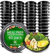 PrepNaturals Reusable Plastic Containers with Lids, 60 Pack, Black, Meal Prep Bowls, Lunch Contai...