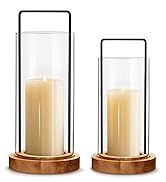 Houmury Set of 2 Hurricane Candle Holders Lantern 12” & 10”with Wood Base Metal Handle Glass Cyli...