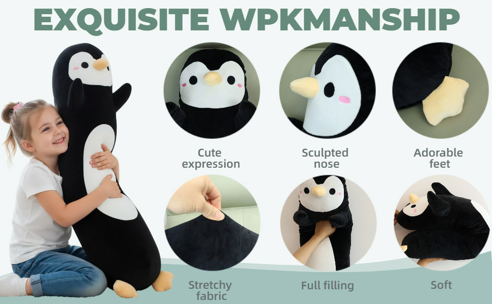 Text reads 'EXQUISITE WPKMANSHIP'. Series of cartoon penguin character design sketches showing different expressions and poses in black and white style.