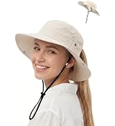 Womens Sun Hat with Hidden Ponytail Opening Wide Brim UPF50+ Waterproof Bucket Rain Hat with Remo...