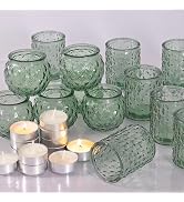 DARJEN 12Pcs Green Votive Candle Holders with 12Pcs Tea Lights Candles- Round Glass Candle Holder...