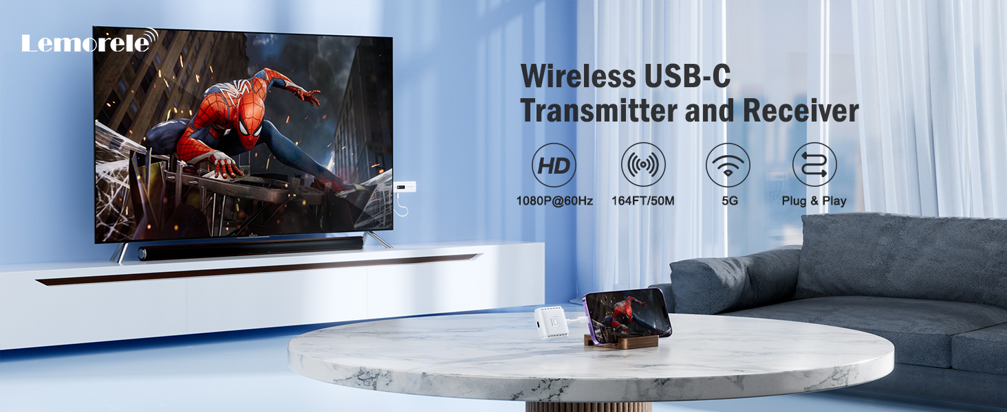 Wireless USB-C transmitter and receiver set for HD video streaming. Shows laptop connected to large TV displaying action scene, with device on coffee table.