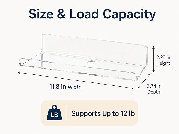 Acrylic floating shelf with 11.8 inch width and 12 lb load capacity