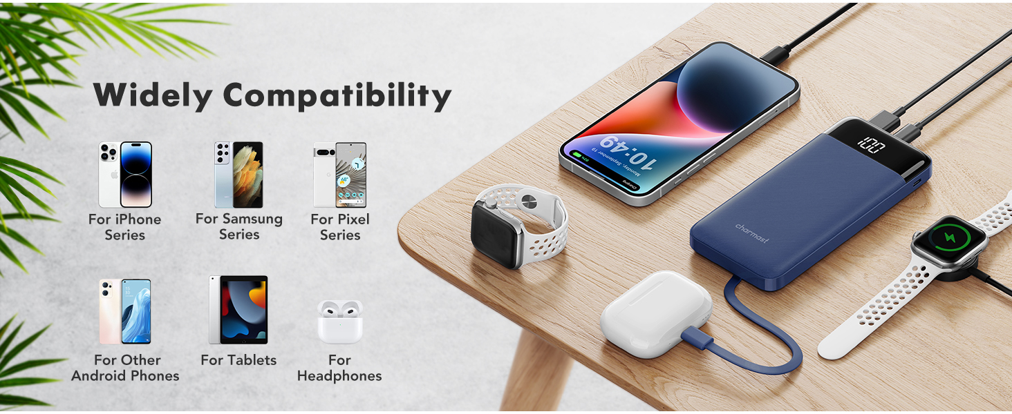 Portable charging station with multiple device compatibility. Shows connected smartphone, smartwatch, and earbuds. Text indicates wide compatibility with various devices and brands.