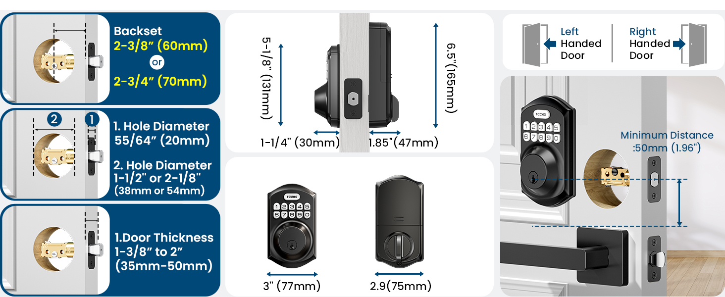 it fits doors with 38mm or 54 mm door holes, 60/70 mm backset, and 35–50 mm door thickness