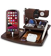 TESLYAR Wood Swivel Phone Docking Station Compatible with Apple Watch Ash Key Holder Wallet Stand...