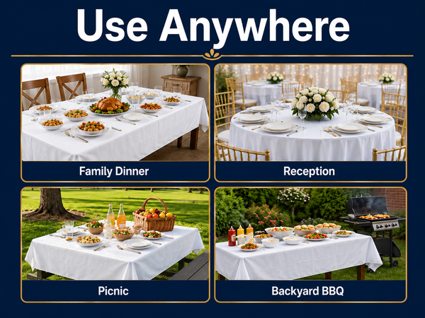 White disposable tablecloths used for dinners, receptions, picnics and buffet tables.