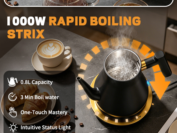 Barista boiling water with 1000W rapid heating gooseneck electric kettle on kitchen counter