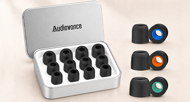Audiovance replacement foam ear tips, 6 pairs with 2 pairs each of S, M, and L in a protective tin.