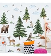 Removable 3D Cartoon Green Pine Forest Tree Wall Stickers - Peel & Stick Wildlife Animals Wall De...