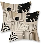 DAFENA Black Boho Pillow Covers 18x18 Inch 2 Pcs Beige Brown Tropical Leaf Mid Century Summer Out...