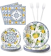 G1ngtar 96Pcs Capri Lemon Party Plates Supplies Blue Tiles Yellow Lemon Party Tableware Decoratio...