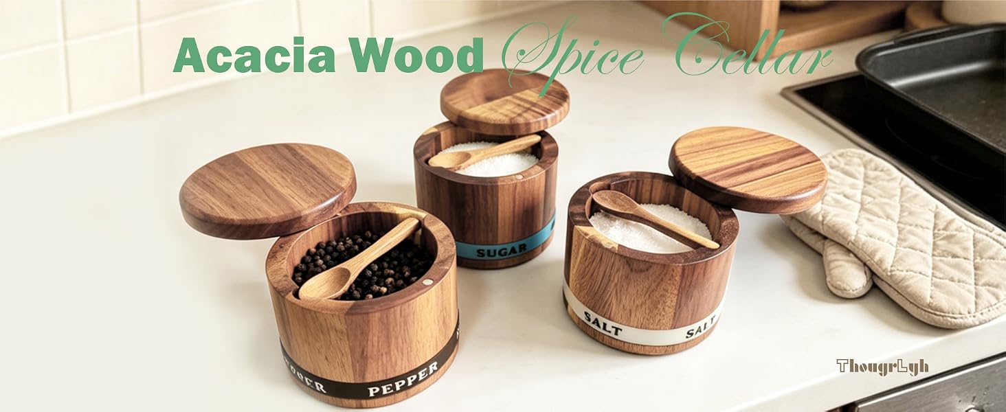 ThougrLyh Acacia Wood Salt Cellar with Swivel Lid and Built-in Spoon for Countertop Spice Storage