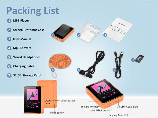 mp3 player accessories included,usb cable, headphones, protective case,user manual