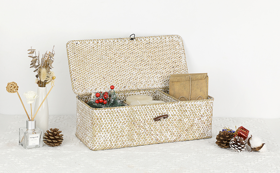 Seagrass Storage Basket Bin Hand-Woven Wicker Basket with Lid Bathroom Basket Tissue Toilet Paper