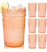 Ciaell 12 Pack Romantic Plastic Water Glasses - 14 Oz Amber Vintage Drinking Glasses, Embossed Ri...