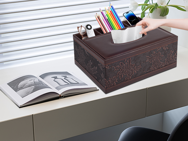 Sequence showing dark brown decorative tissue box holder on white surface, demonstrated with tissue paper and reading materials being placed inside.