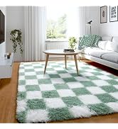 KICMOR Sage Green and White Area Rug 3x5 Bedroom Carpet, Fluffy Fuzzy Shag Checkered Rug, Soft Sh...
