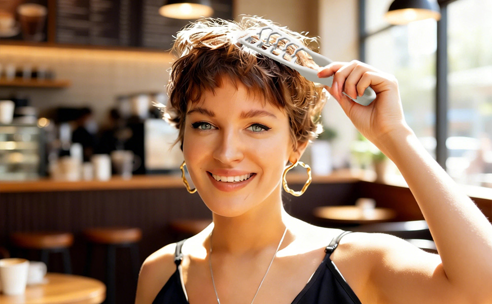 Woman using texture comb for short hair volume at cafe daily styling