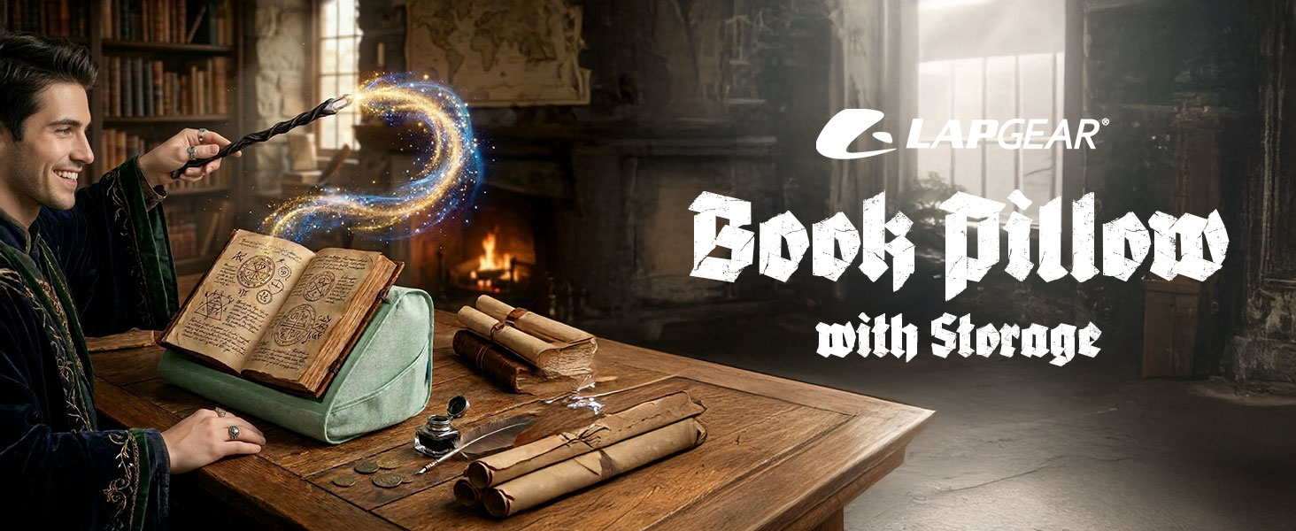 wizard waving a wand over a spell book that is sitting on a book pillow
