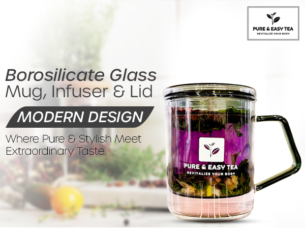 Borosilicate glass tea infuser mug brewing loose leaf tea with integrated glass filter