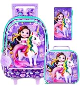 ZLYERT 18" Unicorn Rolling Backpack for Girls, 3Pcs Kids School Backpacks with Wheels, Mermaid Ro...
