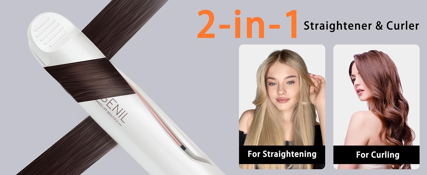 Text reads '2-in-1 Straightener & Curler'. Advertisement showing hair styling tool with split images demonstrating straightening and curling functions.