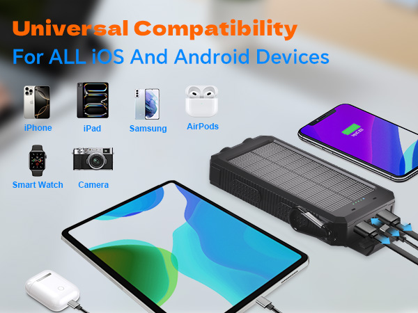 Power Bank Solar Charger 20,000mAh, Portable Phone Charger, 4 Cables Outdoor External Backup