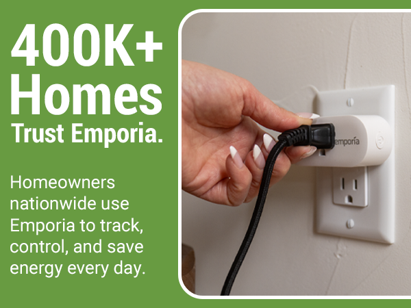 Hand plugging a cord into an Emporia smart plug in a wall outlet. Trusted by 400K+ homes.