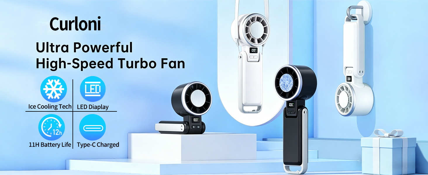 Text reads 'Curioni Ultra Powerful High-Speed Turbo Fan'. White portable handheld fan shown disassembled with components and packaging against blue background.