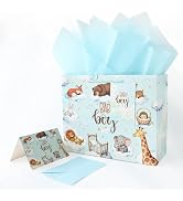 JAYTEM 13" Baby Gift Bag, Large Blue Baby Boy Gift Bag, Dreamy Animal Gift Bags with Greeting Car...