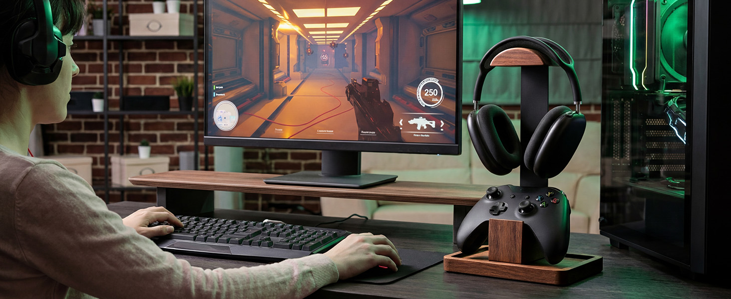 Solid Walnut Wood Headphone Stand with Controller Holder|2-in-1 Gaming Desk Organizer|for PS5
