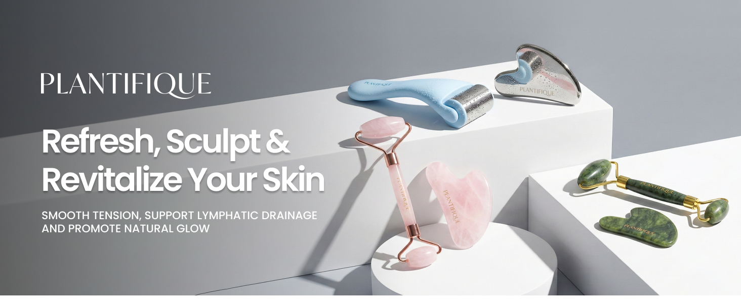 Plantifique jade roller set for self-care on a colorful background