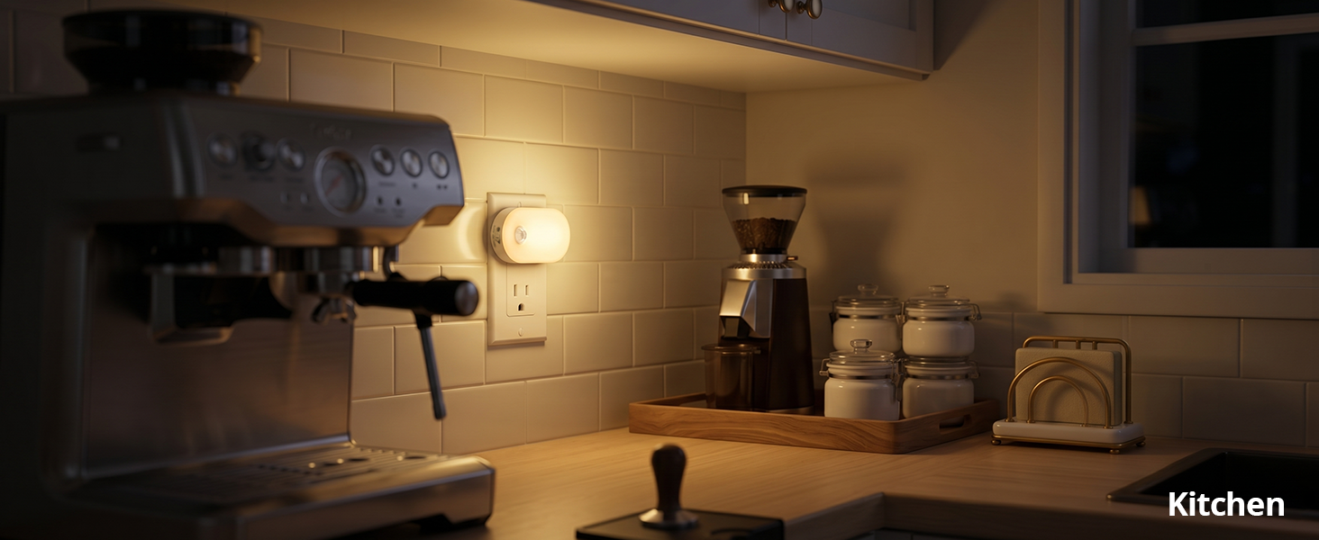 Dimmable plug-in night light illuminating a kitchen counter.