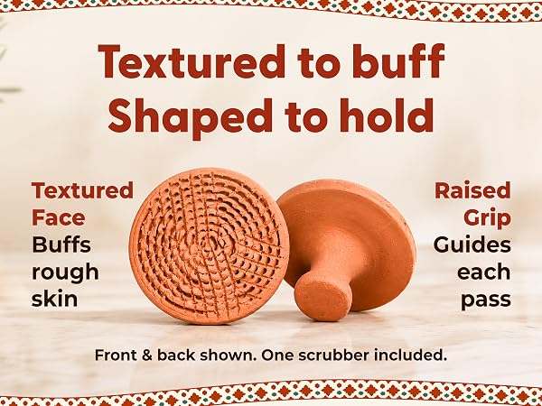 Terracotta foot scrubber shown from both sides: textured face and raised grip; one included