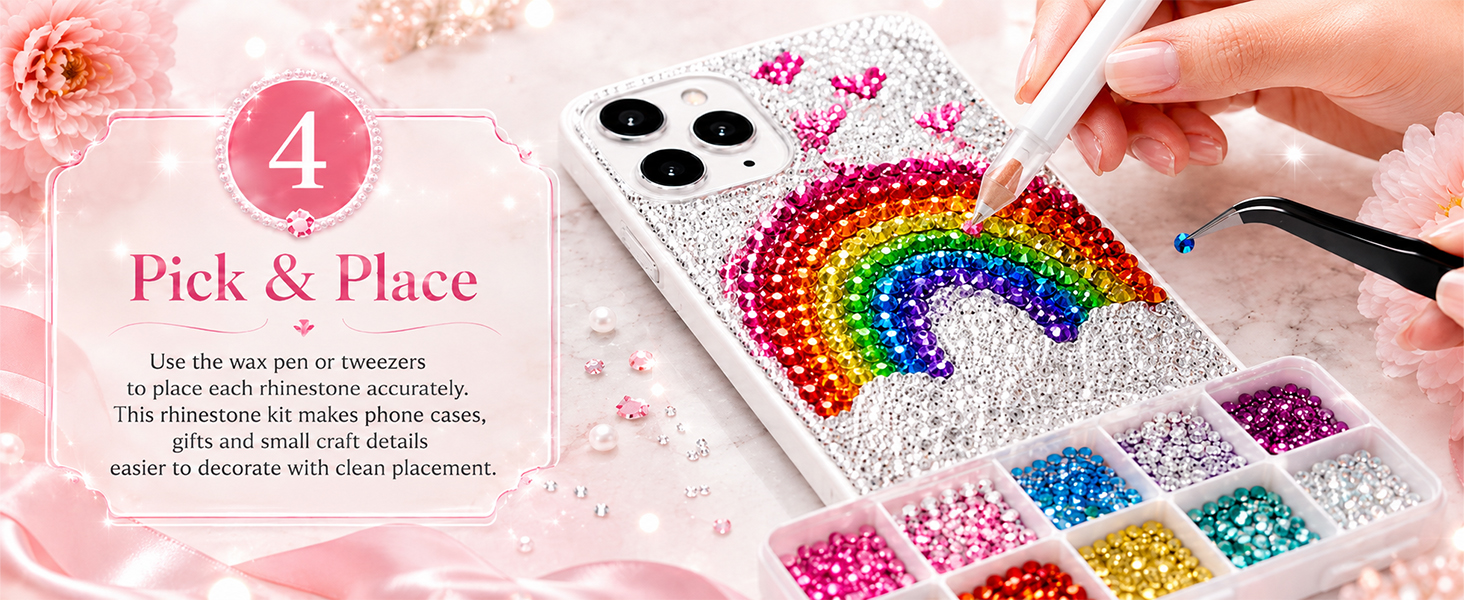 Wax pen and tweezers placing rhinestones on phone case and gift DIY projects