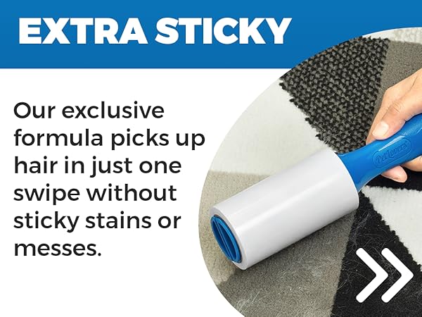 Text reads 'EXTRA STICKY formula picks up hair in just one swipe without messes.' Product demonstration showing a blue lint roller being used on a surface.