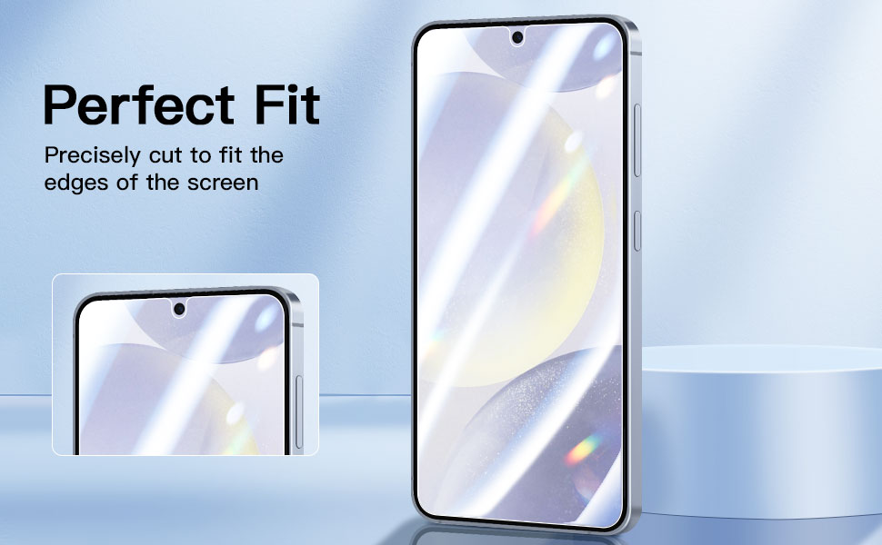 Smartphone screen protector demonstration, showing precise fit to device edges. Two phones displayed, one with protector applied.